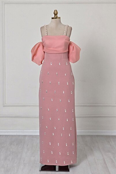 Yonca Moda Evi Pembe İNCİLİ KREP ELBİSE 6055