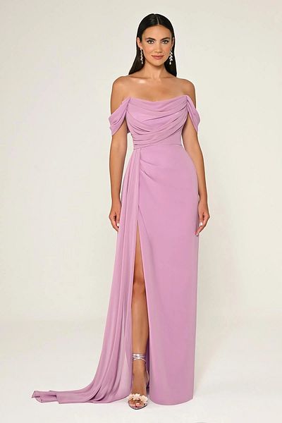 ALFABETA Women's Off Shoulder Slit Detail A.Pink Evening & Homecoming Dress Ab6772-A.Pink