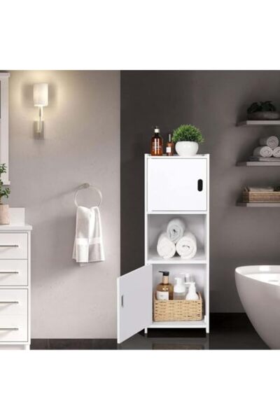 genric خزانة حمام طويلة FFD ببابين - خزانة تخزين مستقلة حديثة، حامل مقاوم للماء