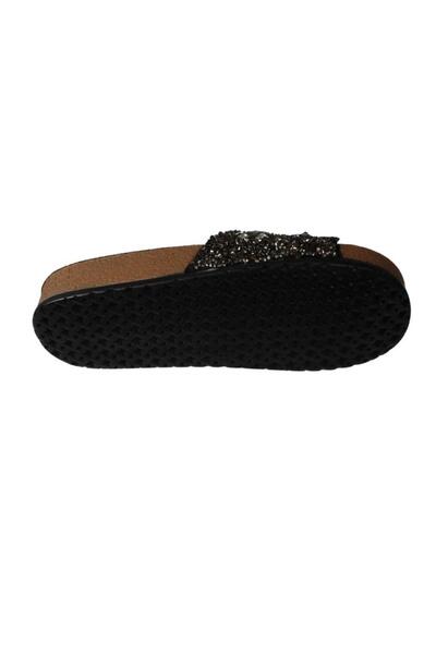 Yaz Kış Ayakkabı Yazkiş women's black platinum flat sole slipper with sea shell stones and glitter