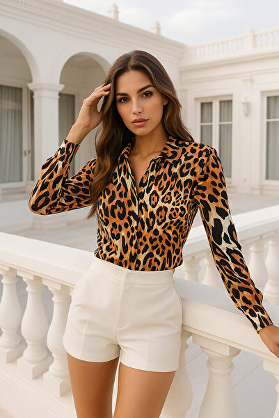 Rich Γυναικείο πουκάμισο με σατέν λεοπάρ στάμπα με λεπτή εφαρμογή