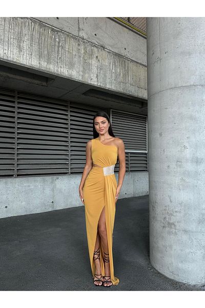 Modafeminen One Shoulder Detailed Sandy Fabric Dress 583181 Yellow