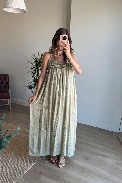 Sue Store Khaki Rope Strap Linen Textured Lined Dress