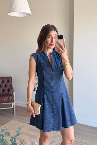 Sue Store Μπλε Navy Judge Collar Ραφή Λεπτομερές τζιν φόρεμα