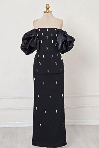 Yonca Moda Evi Siyah Krep İncili Kollar Organize Midi Boy Abiye 1821