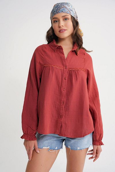 Mixray 4677 Women's Lace Detailed Muslin Shirt Cranberry