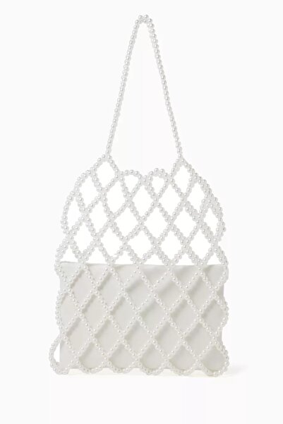 0711 TBILISI Cara White Pearl Beaded Tote Bag, Handmade Elegance with Satin P...