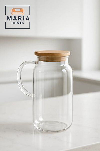 MARIA HOMES Glass Water Pitcher with Bamboo Lid – 1.3 Liter Heat-Resistant Carafe