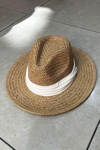 Külah Knitted Textured Cream Striped Straw Panama Hat - Camel