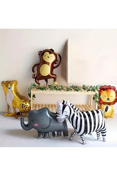 Çemrek Süs Parti Forest Animals Foil Balloon Set of 5 Lion Cheetah Elephant Zebra Monkey Foil Balloon