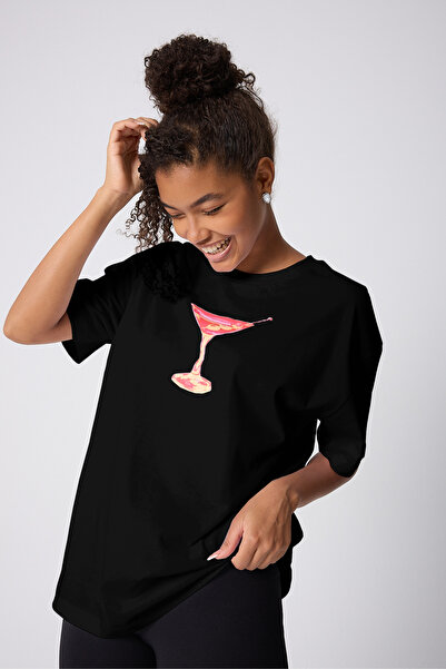 Vooya Fashion تي شيرت نسائي أسود من القطن كبير الحجم مطبوع عليه نمط كوكتيل