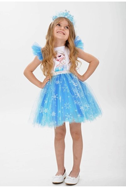 Genel Markalar ELSA KARLAR KRALİÇESİ TAÇLI DOĞUM GÜNÜ PARTİ VE DÜĞÜN KIZ ÇOCUK ABİYE ELBİSE