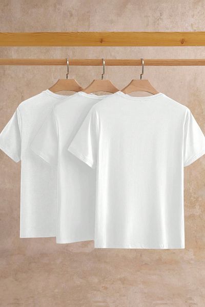 Tarz Cool Men's 3 Pack White Slim Fit Slim Fit 100% Cotton Crew Neck T-Shirt