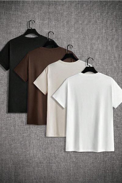 Tarz Cool Men's 4-Pack Black-Brown-White-Stone Slim Fit Slim Fit 100% Cotton Crew Neck T-Shirt