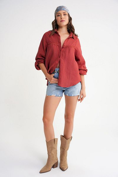 Mixray 4677 Women's Lace Detailed Muslin Shirt Cranberry
