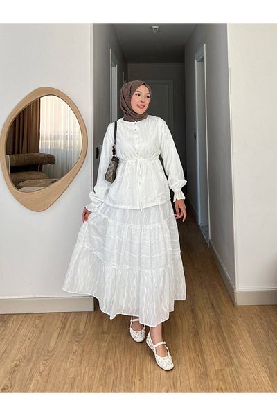 Modamorfo بدلة دانتيل بأزرار أمامية ورباط على الخصر وأكمام مطاطية وتنورة - أبيض