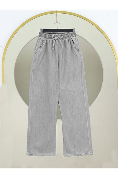 Modamorfo Wide Leg Jeans with Elastic Waist and Pockets - Gray