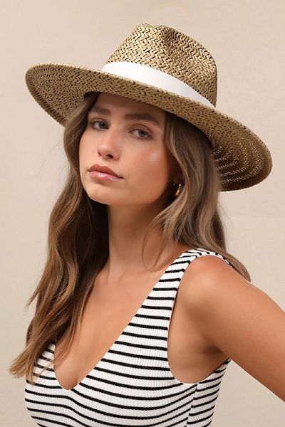 Külah Knitted Textured Cream Striped Straw Panama Hat - Camel