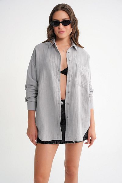 Mixray 3833 Women's Oversize Pocket Muslin Shirt Gray