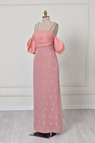Yonca Moda Evi Pembe İNCİLİ KREP ELBİSE 6055