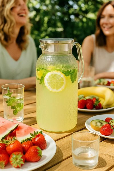 MARIA HOMES Diamond-Cut Glass Water Pitcher with Stainless Steel Lid – 1.5 Liter, Infuser Spout