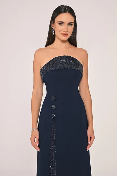 ALFABETA Women's Long Length Deep Slit Bottom and Collar Part Sequin Detailed Stylish Navy Blue Evening Dress & Graduation Dress
