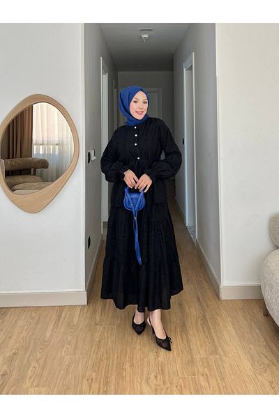 Modamorfo بدلة دانتيل بأزرار أمامية ورباط على الخصر وأكمام مطاطية وتنورة - أسود