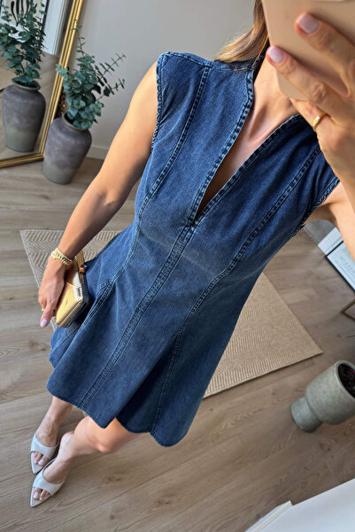Sue Store Lacivert Hakim Yaka Dikiş Detaylı Denim Elbise