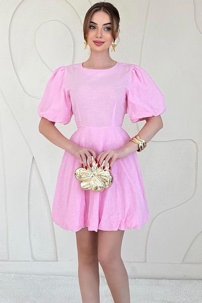 Elbee Fashion Woman Balloon Sleeve Back Tie Detail Linen Dress