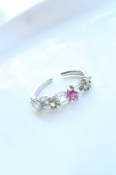 Leo'Stone Imported Series Double Row Colored Zircon Stone Elegant Design Adjustable Women's Steel Ring