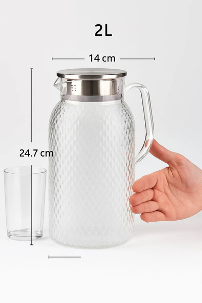 MARIA HOMES Diamond-Cut Glass Water Pitcher with Stainless Steel Lid – 1.5 Liter, Infuser Spout