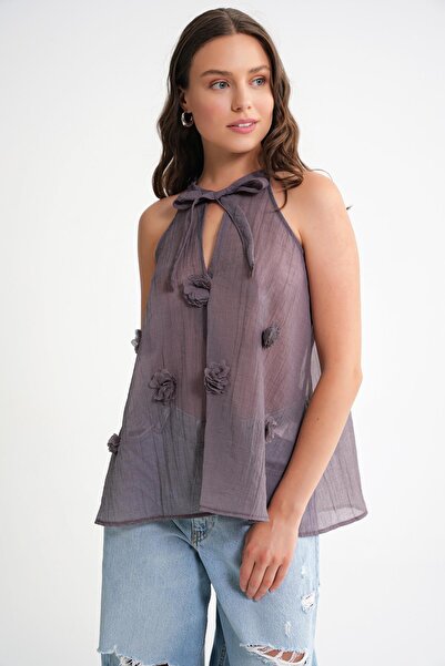 Mixray 4719 Women's Flower Detailed Transparent Tie-Up Blouse Rose