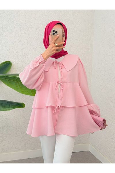 Modamorfo Baby Collar Front Lace Skirt Layered Kimono -Pink