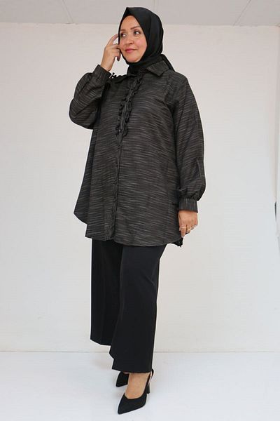 Eslina 58075 large size front ruffle detailed men's collar shirt - black marled