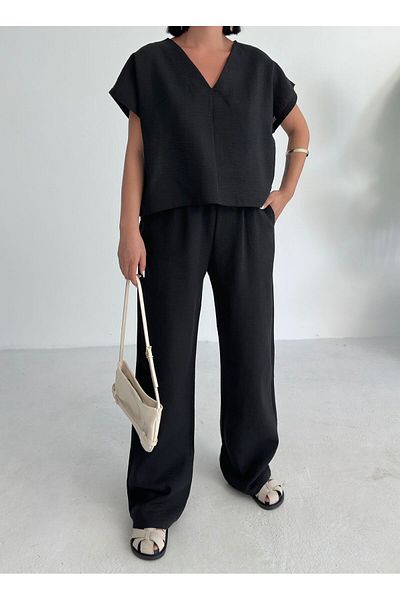 aytenli V Neck Short Batwing Sleeve Flowy Top Elastic Size Palazzo Pants with Elastic Waist Pockets Linen Suit