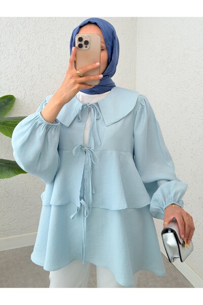 Modamorfo Baby Collar Front Lace Skirt Layered Kimono - Baby Blue