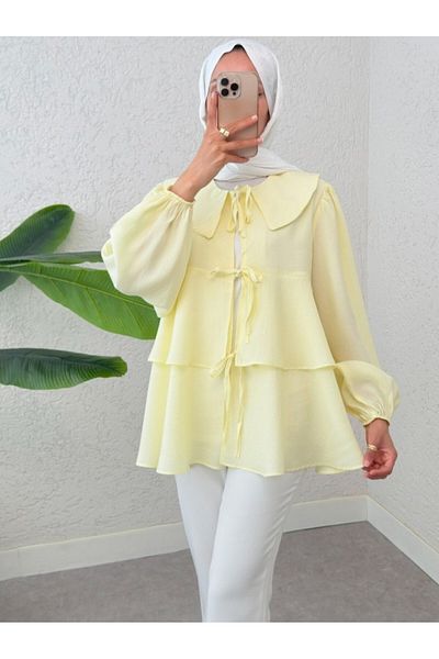 Modamorfo Baby Collar Front Lace Skirt Layered Kimono - Light Yellow