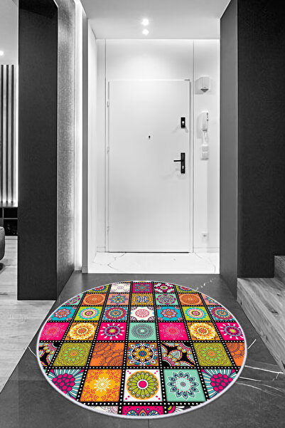 CENTER AVM Yuvarlak Renkli Halı Yıkanabilir Kaymaz Taban Mutfak Halısı Korido...