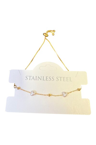 X-Lady Accessories Altın Renk Kalp İnci Zincir Asansör Çelik Bileklik - 3592