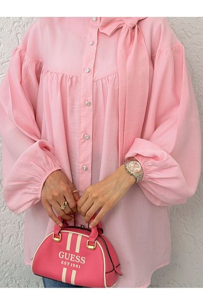 Modamorfo Collar Bow Detailed Sleeve Elastic Buttoned Linen Tunic - Pink