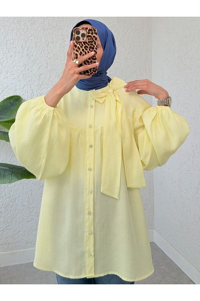Modamorfo Buttoned Linen Tunic with Bow Detail at the Collar and Elastic Sleeves - Light Yellow