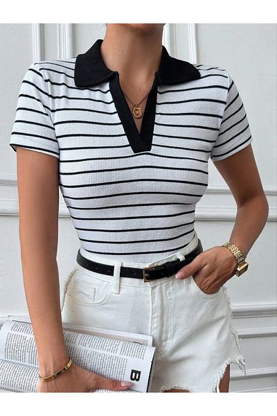 By Mop Polo Collar Garnished Blouse Whiteblack
