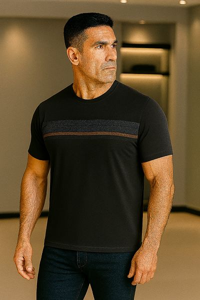 Maccali Men's Patterned Short Sleeve Large Size Loose Black T-Shirt