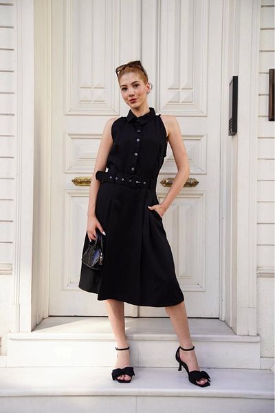 Silahlı Tower Shirt Collar Belt Dress Black S255061