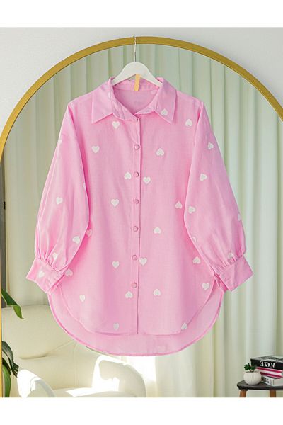 Modamorfo Heart Detailed Buttoned Long Back T-Shirt Shirt - Pink