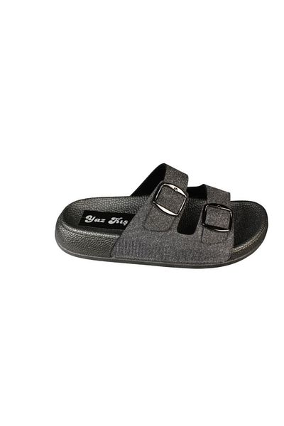 Yaz Kış Ayakkabı Yazkiş women's black platinum double buckle shiny fabric slippers