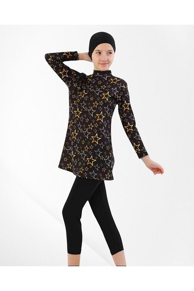 Pajama Shop Girls' Swimsuit Set Black Quick Dry Woven Star Pattern Long Sleeve Tights with Checkered Pattern