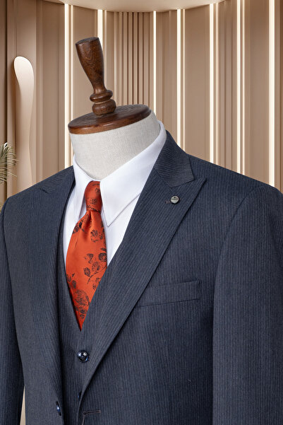 Costumen Çizgili Slim Fit Yelekli Takım Elbise Çift Yırtmaç Astarlı