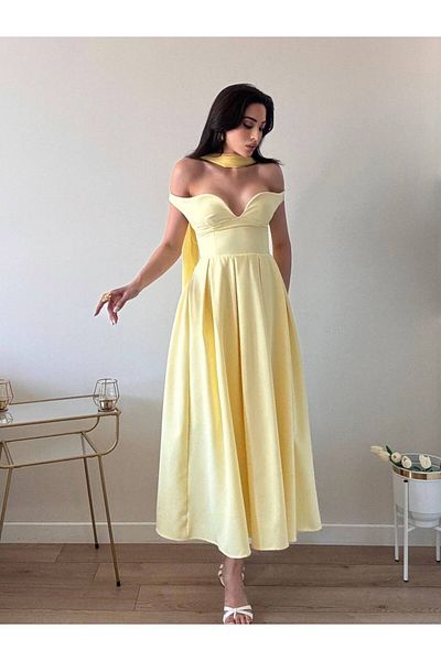 LOCH BUTİK Women's Yellow Skirt Pleated Shawl Back Detailed Midi Dress