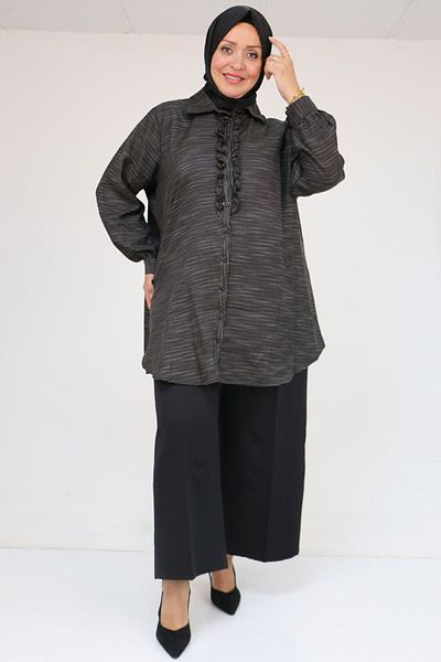 Eslina 58075 large size front ruffle detailed men's collar shirt - black marled